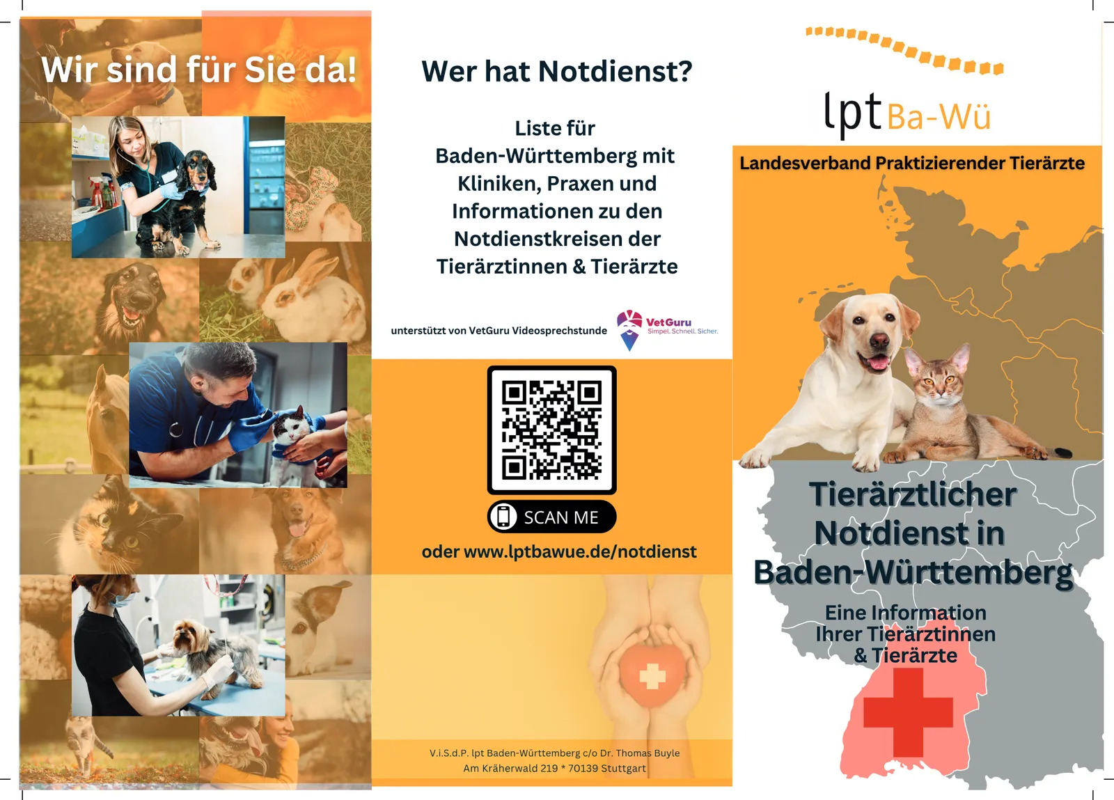 Flyer Außenseite: Wer hat Notdienst? QR-Code zur Notdienstsuche, Titel Tierärztlicher Notdienst in Baden-Württemberg