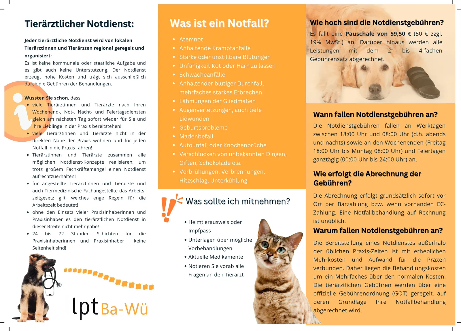 Flyer Innenseite: Tierärztlicher Notdienst, Was ist ein Notfall, Was sollte ich mitnehmen, Notdienstgebühren