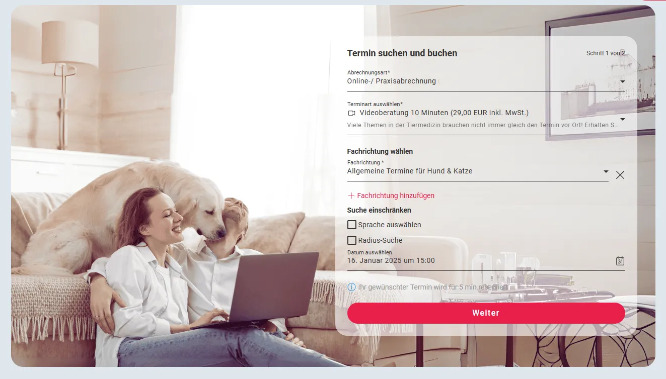 Bildschirmfoto der VetGuru-Terminbuchung: Frau mit Hund am Laptop